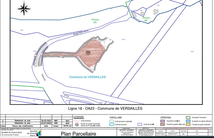 Plan parcellaire avec l'emprise des travaux de la ligne 18 sur le plateau Saint Martin