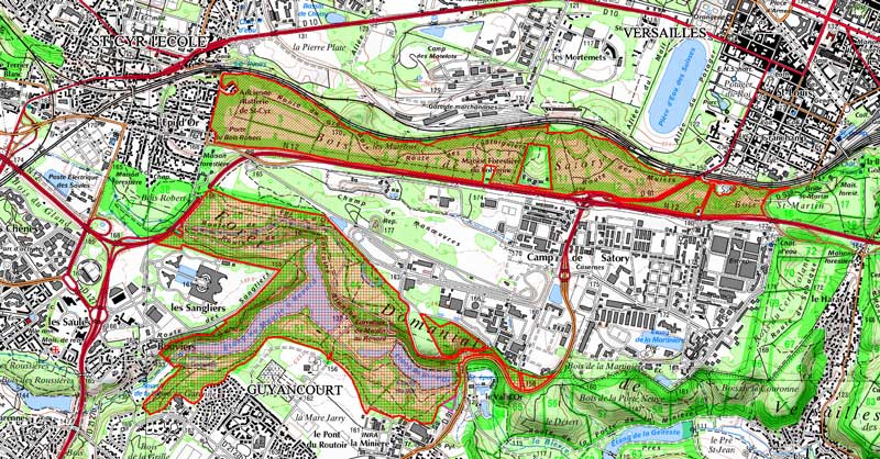Carte indiquant zones de chasse pour le mardi 02 décembre 2025 en la forêt de versailles