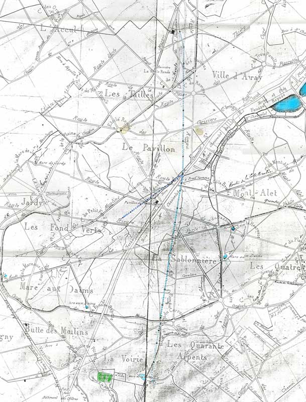 Carte de la forêt de Fausses-Reposes avec tracé de l'ancienne canalisation de Louis XIV